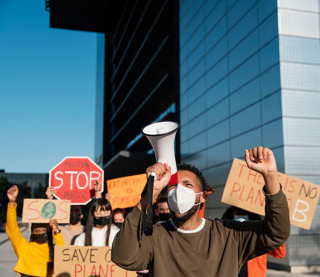 People wearing masks at protest