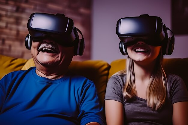 People wearing  vr glasses for gaming