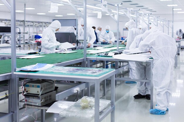 People in white isolating costumes working in laboratory