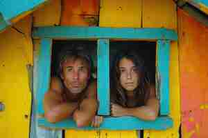 Free photo people on the windows of a colorful wooden house