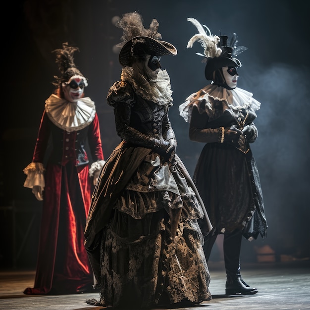 Persone con costumi in stile gotico e trucco che eseguono un dramma per la Giornata Mondiale del Teatro