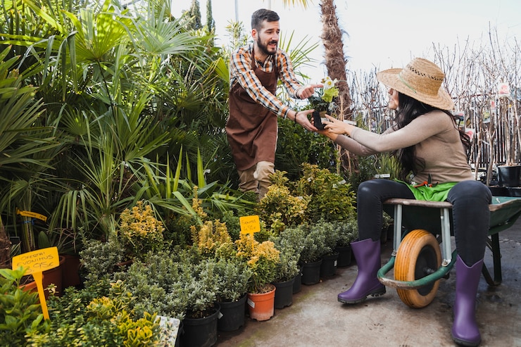 Free Photo people with wheelbarrow working in greenhouse