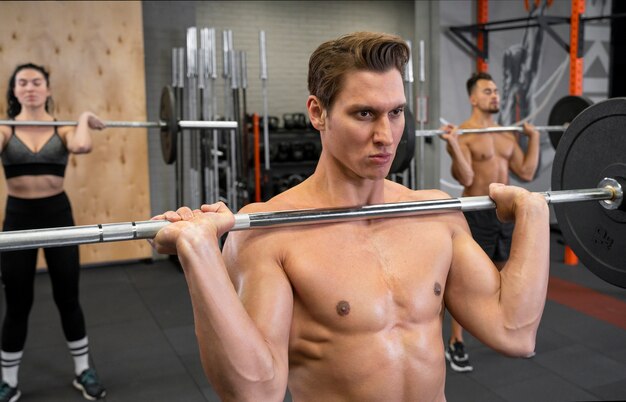 People working out indoors together with weights