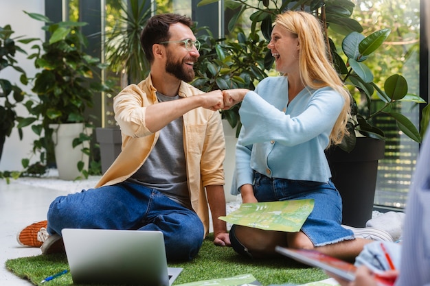 People working in tech brand together