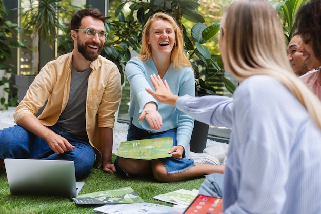 People working in tech brand together