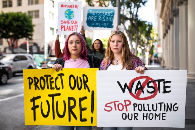 Люди во Всемирный день окружающей среды протестуют на открытом воздухе с плакатами