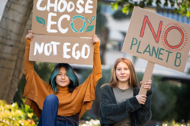 世界環境デーの人々がプラカードで抗議