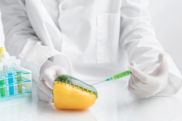 Pepper on the desk with syringe filled with chemicals