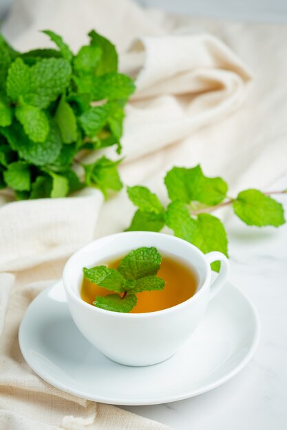 Peppermint tea in glass ready to drink