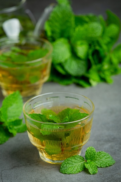 Peppermint tea in glass ready to drink