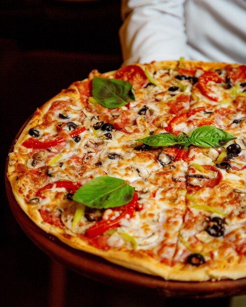 Пицца пепперони с болгарским перцем, помидорами, оливками и сыром