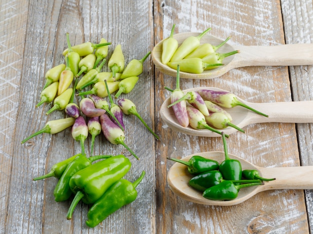 Peppers in wooden spoons high angle view on a wooden