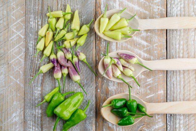 Peppers in wooden spoons on a wooden.