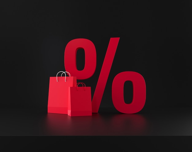 Percent discount symbol and shopping bags on black background. 3d rendering.