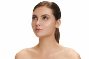 Free photo the perfect and clean skin of woman's face on white wall