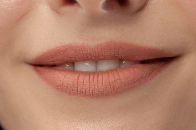 Perfect Lips. Beauty young woman Smile. Natural plump full Lip. Close up detail