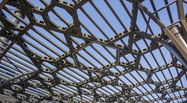 Pergola canopy, structural elements. an architectural structure of repeating arches to protect visitors from the sun. renewed entrance lobby in kiev on trukhanov island after reconstruction.
