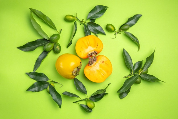 persimmon three persimmons and citrus fruits with leaves