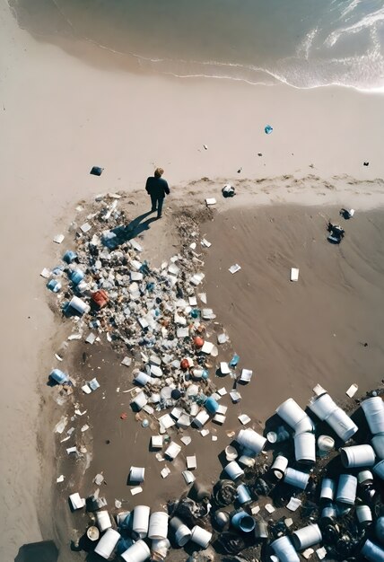 Человек на пляже, полном мусора.