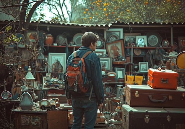 Person browsing through items at a yard sale looking for bargains