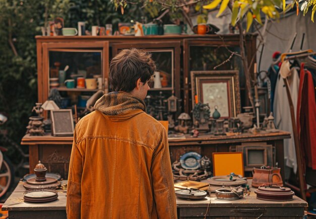 Person browsing through items at a yard sale looking for bargains