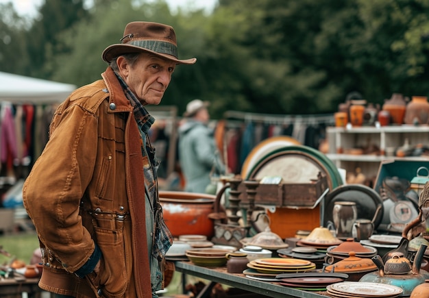 Person browsing through items at a yard sale looking for bargains