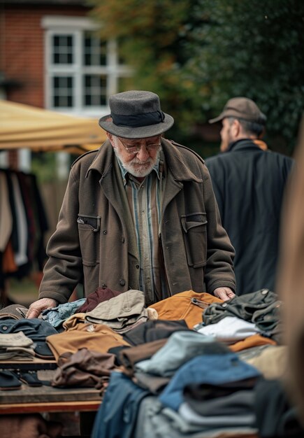 Person browsing through items at a yard sale looking for bargains