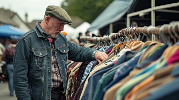 Person browsing through items at a yard sale looking for bargains