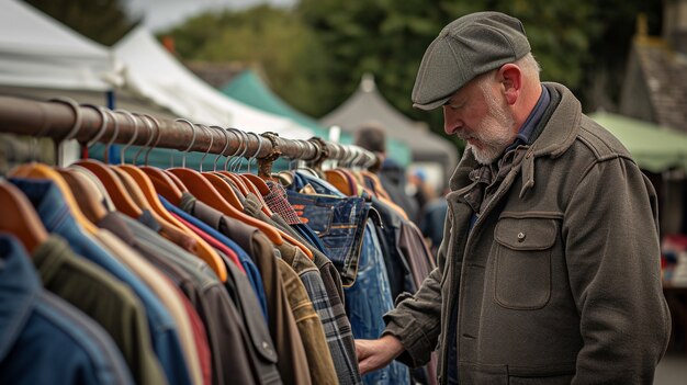 Person browsing through items at a yard sale looking for bargains