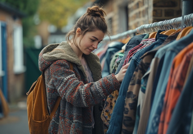 Person browsing through items at a yard sale looking for bargains