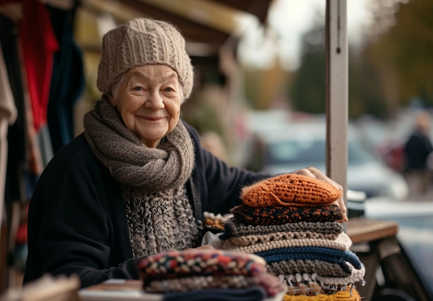 Person browsing through items at a yard sale looking for bargains