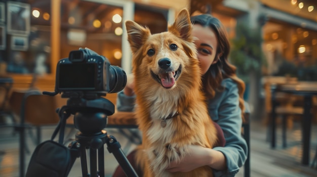 Foto gratuita persona che crea contenuti online con i propri animali domestici