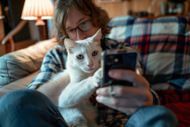 Person creating online content with their pets