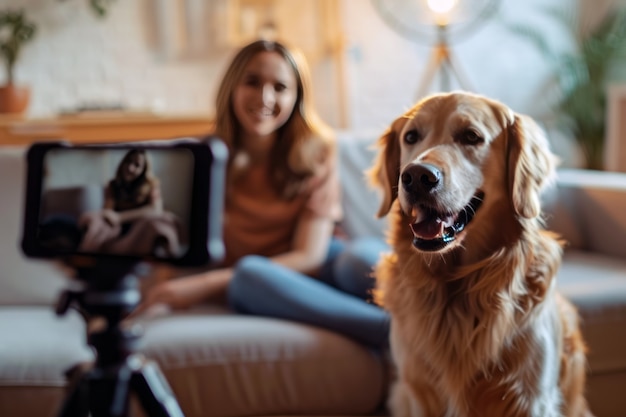 Free photo person creating online content with their pets