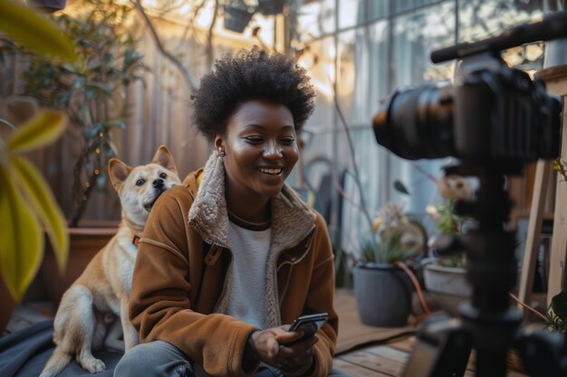 Person creating online content with their pets