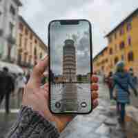 Free photo person creating travel content with smartphone