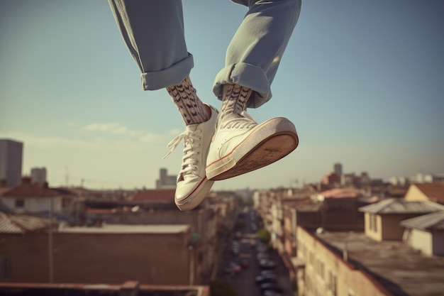 Foto gratuita persona che sfida le leggi della fisica levitando nell'atmosfera