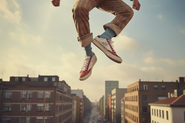 Person defying the laws of physics by levitating in the atmosphere