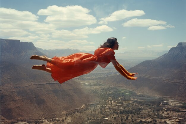 Person defying the laws of physics by levitating in the atmosphere