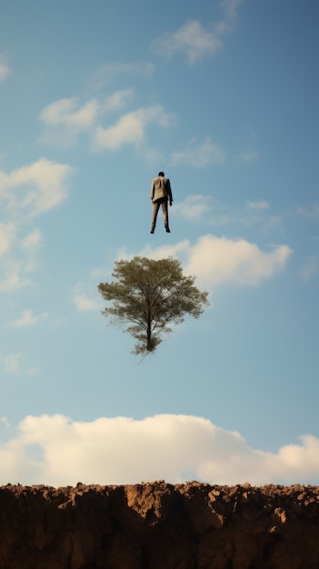 Бесплатное фото Человек, бросающий вызов законам физики, левитуя в атмосфере