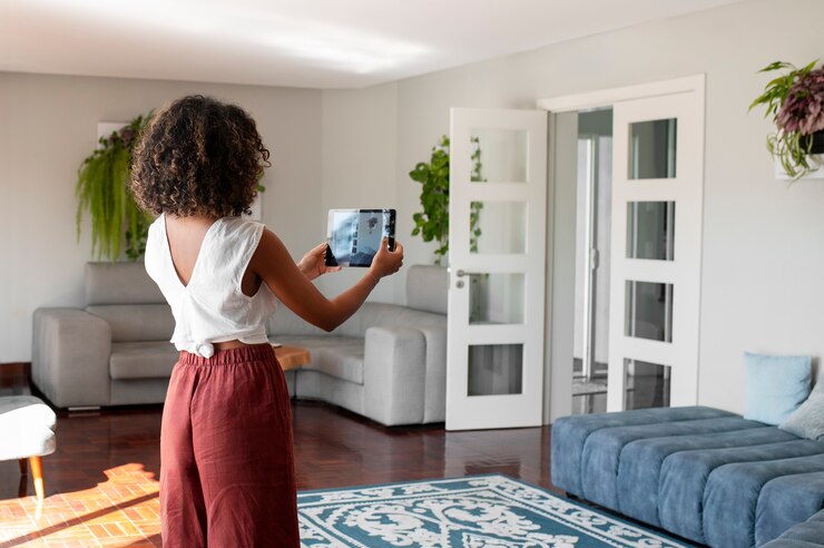 Free Photo person doing house tour online
