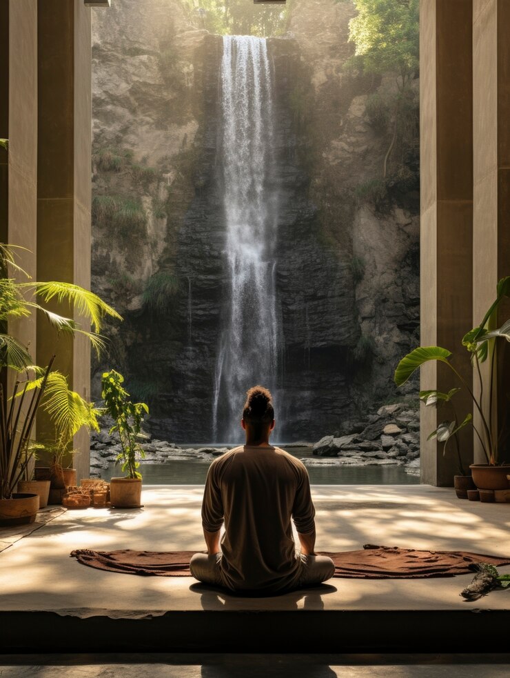 Free Photo person doing yoga in front of waterfall