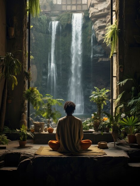 Person doing yoga in front of waterfall