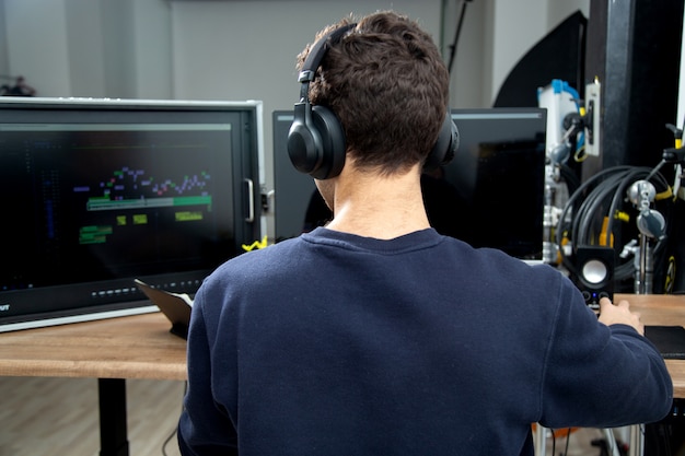 A person in earphones while work