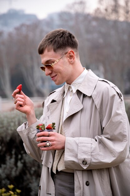 Person enjoying a berry snack outdoors