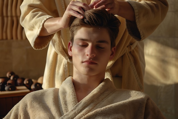 Person enjoying a scalp massage at spa