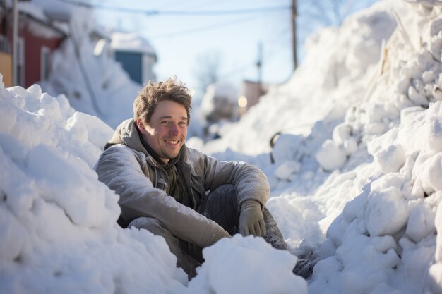 極度の雪や冬の天候の中にいる人