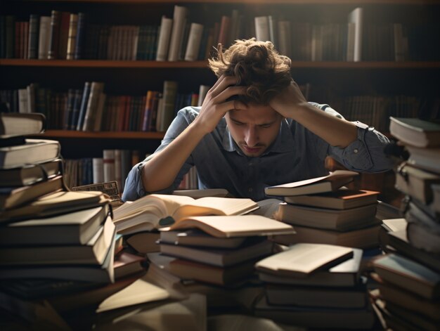 Person feeling anxiety induced by book and studying