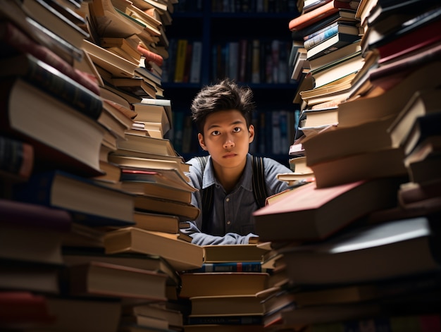 Free photo person feeling anxiety induced by book and studying