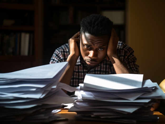 Foto gratuita persona che sente ansia indotta dai documenti e dal lavoro